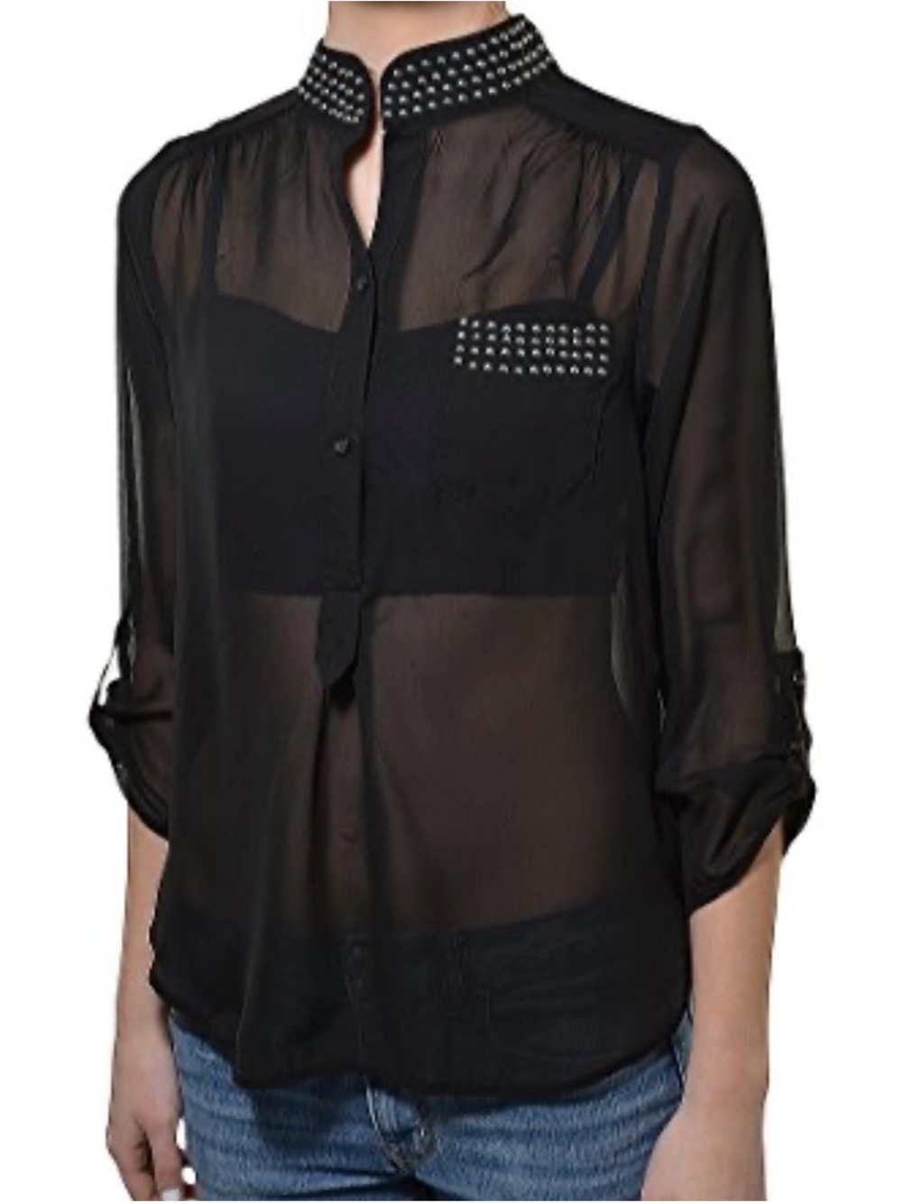 NWT Black Sheer Studded Mandarin-Collar Blouse - Women Tops
